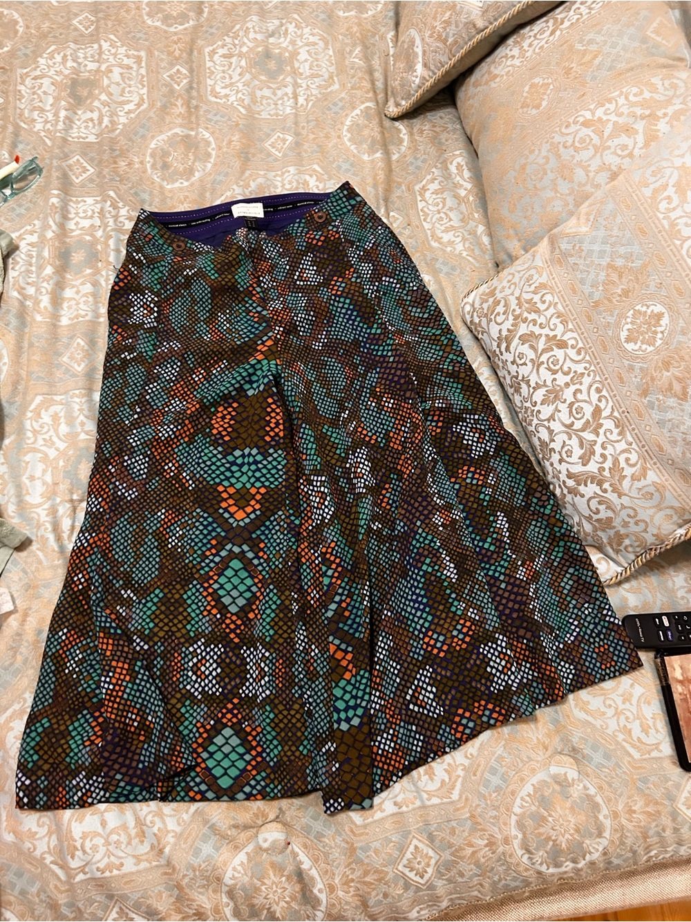 Anthropologie Multicolor Geometric A-Line Skirt — Teal, Brown & Orange Accents